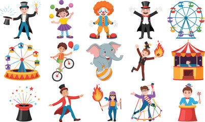 Big circus performance set with magician, clown, juggler, elephant on ball, ferris wheel, carnival tent and performers for children party invitation decor. ©  Miller