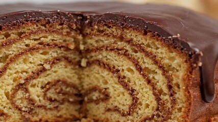 Closeup view of a freshly baked decadent chocolate babka loaf beautifully sliced to reveal its intricate rich swirled layers of sweet dough and dark chocolate filling topped with a glossy inviting ch.