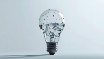 A lightbulb with a transparent glass filled with water droplets on a plain background, conveying surreal conceptual metaphors and visual paradoxes with a minimalist style and calm mood.
