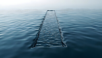 Naklejka premium A surreal conceptual metaphor of a rectangular pathway dissolving into rippling water, creating a visual paradox with gentle waves and a hazy background, conveying a sense of mystery and