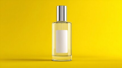 Naklejka premium A clear glass perfume bottle with a silver cap stands on a bright yellow background