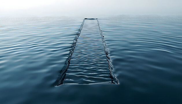 A surreal conceptual metaphor of a rectangular pathway dissolving into rippling water, creating a visual paradox with gentle waves and a hazy background, conveying a sense of mystery and