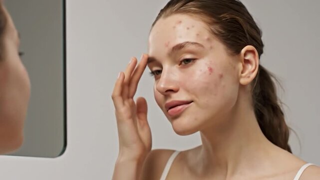 Young woman examines her face in a mirror, noticing blemishes and applying something