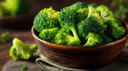Fresh green broccoli in rustic wooden bowl on table.