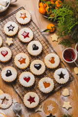 Linzer biscuits on a baking rack