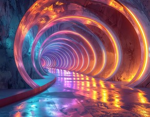Futuristic tunnel with neon lights and reflective surface