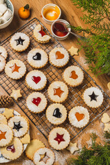 Linzer biscuits on a baking rack