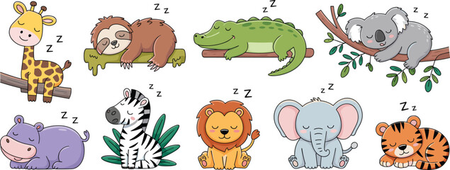 Obraz premium Cute hand drawn sleeping jungle animals set with giraffe, sloth, crocodile, koala, hippo, zebra, lion, elephant and tiger for nursery decor