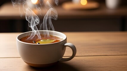 Steaming cup of bone broth in cozy style, warm brown and amber colors, nourishment and wellness concept