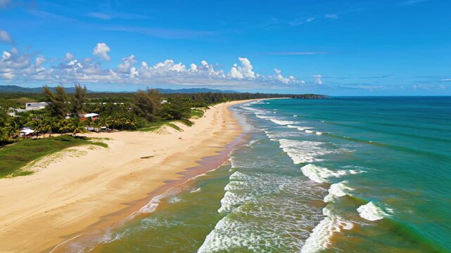 Aerial View of Tropical Sandy Beach with Ocean Waves and Palm Trees, Scenic Travel Video