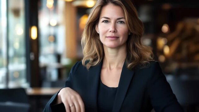 Confident businesswoman poses in modern cafe during daytime