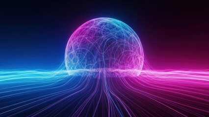 vibrant neon glowing neural network sphere with dynamic energy waves and digital connections in a