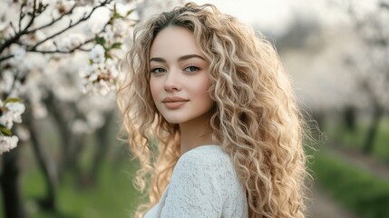Naklejka premium Young woman with curly blonde hair stands amidst blooming sakura trees, embodying serenity and natural beauty.
