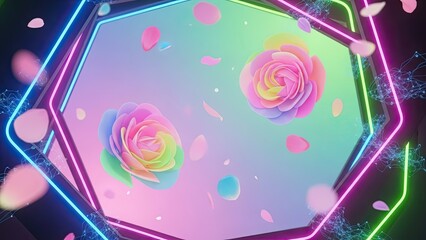 Vibrant neon hexagon with swirling roses and floating petal effects in a futuristic digital art