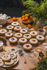 Linzer biscuits on a baking rack