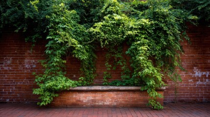Lush greenery overgrowing brick wall with rustic bench in urban garden.