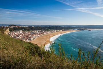 Nazar&eacute; Portugal beach and town overlooking Atlantic Ocean