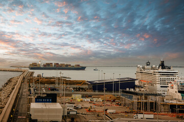Industrial port of Barcelona in Spain with its container ports and cranes