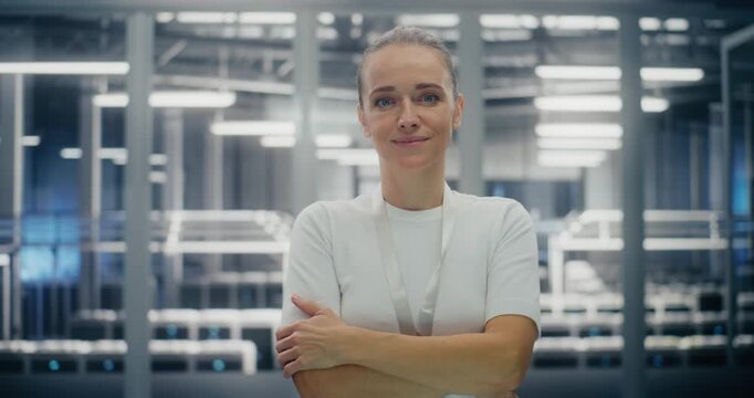 Confident Female IT Leader Smiling With Arms Crossed. Young Woman Standing in Middle of Secure, Modern Data Center. Concept of Professionalism, Technological Expertise, and Authority. Portrait.