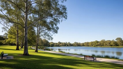 Obraz premium Serene riverside park bathed in warm sunlight, offering a tranquil escape with lush green lawns, mature trees, and calm waters perfect for relaxation and contemplation