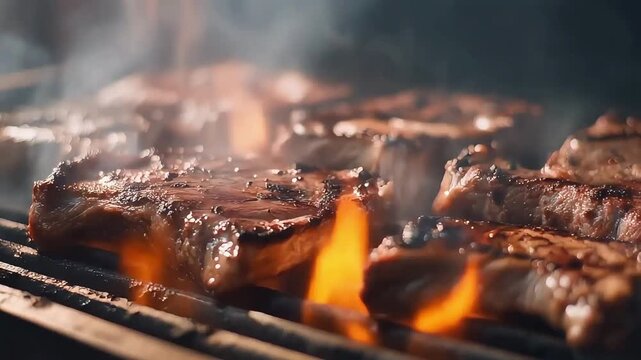 Steaming steaks on a barbecue grill, perfect for food blogs, summer cookout brochures, or restaurant menus needing a mouthwatering image.