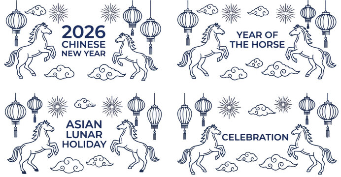  2026 chinese new year banner set  with year of the hores zodiae  symbole ,blue line art vactor  illusttration for lunar new year holiday celebration  with lanter  firwork and cloud