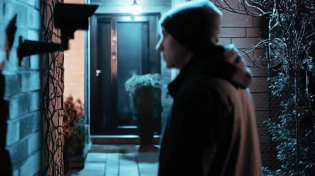 Individual wearing a hoodie standing near a home's entrance under the glow of a security camera at night