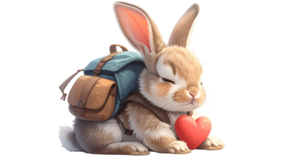 A fluffy bunny with backpack cuddles a heart, rendered in a whimsical style