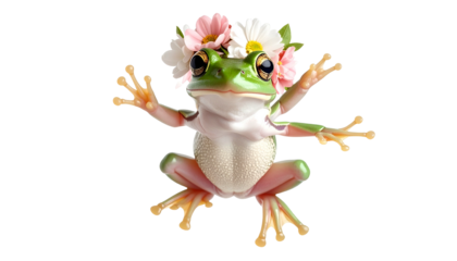 A smiling green frog with a flower crown, arms outstretched, posed against a dark backdrop