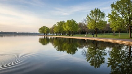 Serene Waterside Path Lined with Lush Green Trees Reflecting in the Calm Lake Under a Clear Sky