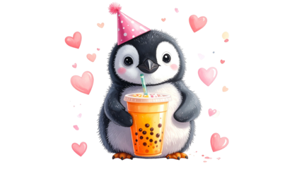 Adorable cartoon penguin with birthday hat & drink, surrounded by hearts