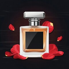 Elegant Perfume Bottle with Rose Petals on Transparent Background