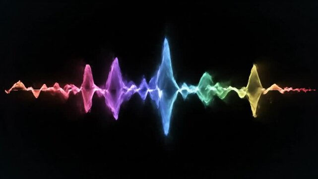 Colorful audio visualizer with sound waves oscillating across a black background representing audio frequencies and music energy