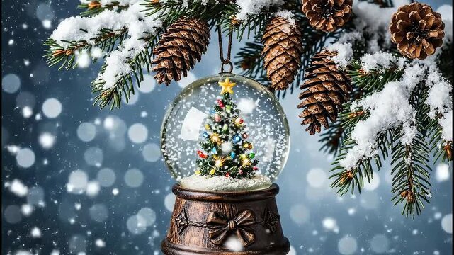 A single decorated Christmas tree inside a snow globe hanging at fir branches with pine cones, surrounded by falling white snow on a gentle blue background