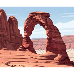 Desert Landscape with Arched Rock Formation and Clear Sky