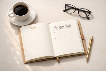 Setting new year goals for 2026 on a planner with coffee, eyeglasses, and a pen