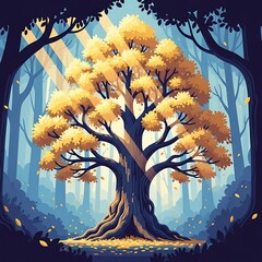 Autumn Forest Tree with Golden Leaves in Woodland