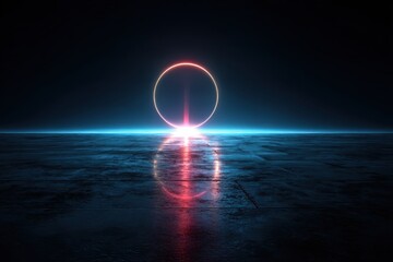 Illuminated circular lights shine on a path with glowing neon rings and a stretched color beam in a dark setting with star-like pulses