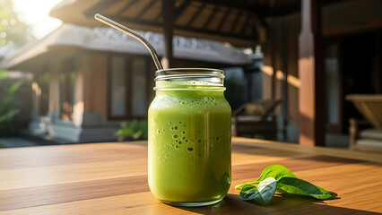Vibrant green detox smoothie with a metal straw on a wooden table, offering refreshing wellness in a sunny tropical resort setting