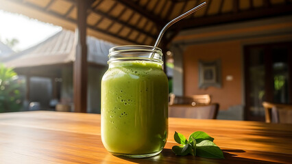 Refreshing Green Smoothie with Spinach and Metal Straw in a Jar Outdoors