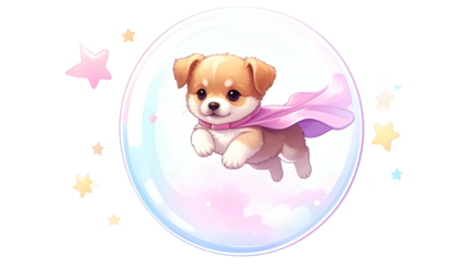 Adorable puppy with a pink cape inside a bubble, surrounded by colorful stars