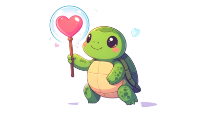 Animated green turtle holds a heart-shaped lollipop, smiling, set against black