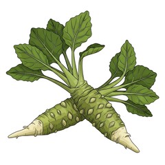 Illustration of fresh wasabi root with green leaves