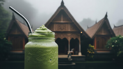 Vibrant green blended drink in a jar with a metal straw, set against a majestic traditional wooden temple shrouded in atmospheric mist, evoking serene cultural travel