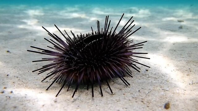 Underwater sea urchin with long spines on sand