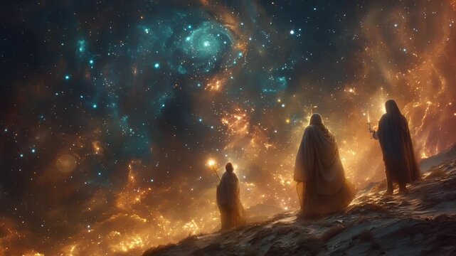 Desert Caravan Of Camels At Sunset Under A Bright Starry Sky