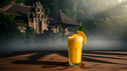 Refreshing mango smoothie on a rustic wooden table with a mystical Balinese temple and lush tropical jungle in a hazy background, evoking an exotic and serene travel experience