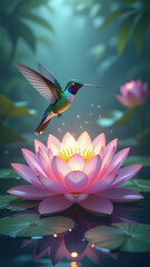 Hummingbird Hovering Above Glowing Lotus Flower