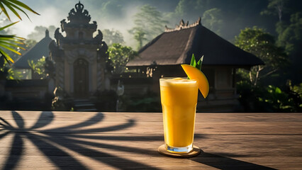 Vibrant mango juice on a wooden table, with exotic Balinese temple architecture and a misty tropical jungle background, creating a serene vacation moment