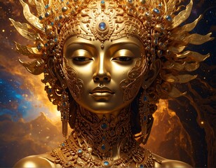 Golden-skinned ethereal figure with ornate headwear and celestial backdrop